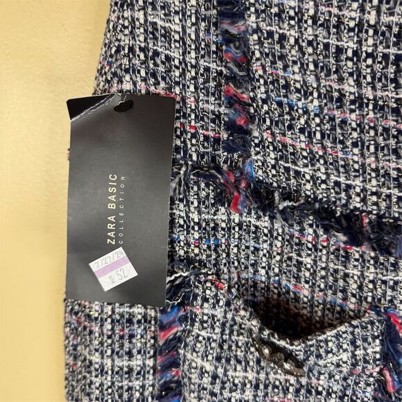 NWT Zara Women's Blue Tweed Mini Skirt Size Large Gem Applique‎ Fringe Pockets - Picture 5 of 6